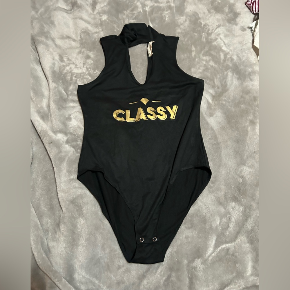 Black Bodysuit with Gold 'Classy' Print